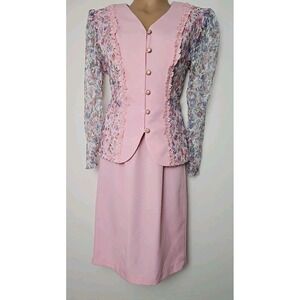 Vintage Elegant Pink Floral Skirt Set
